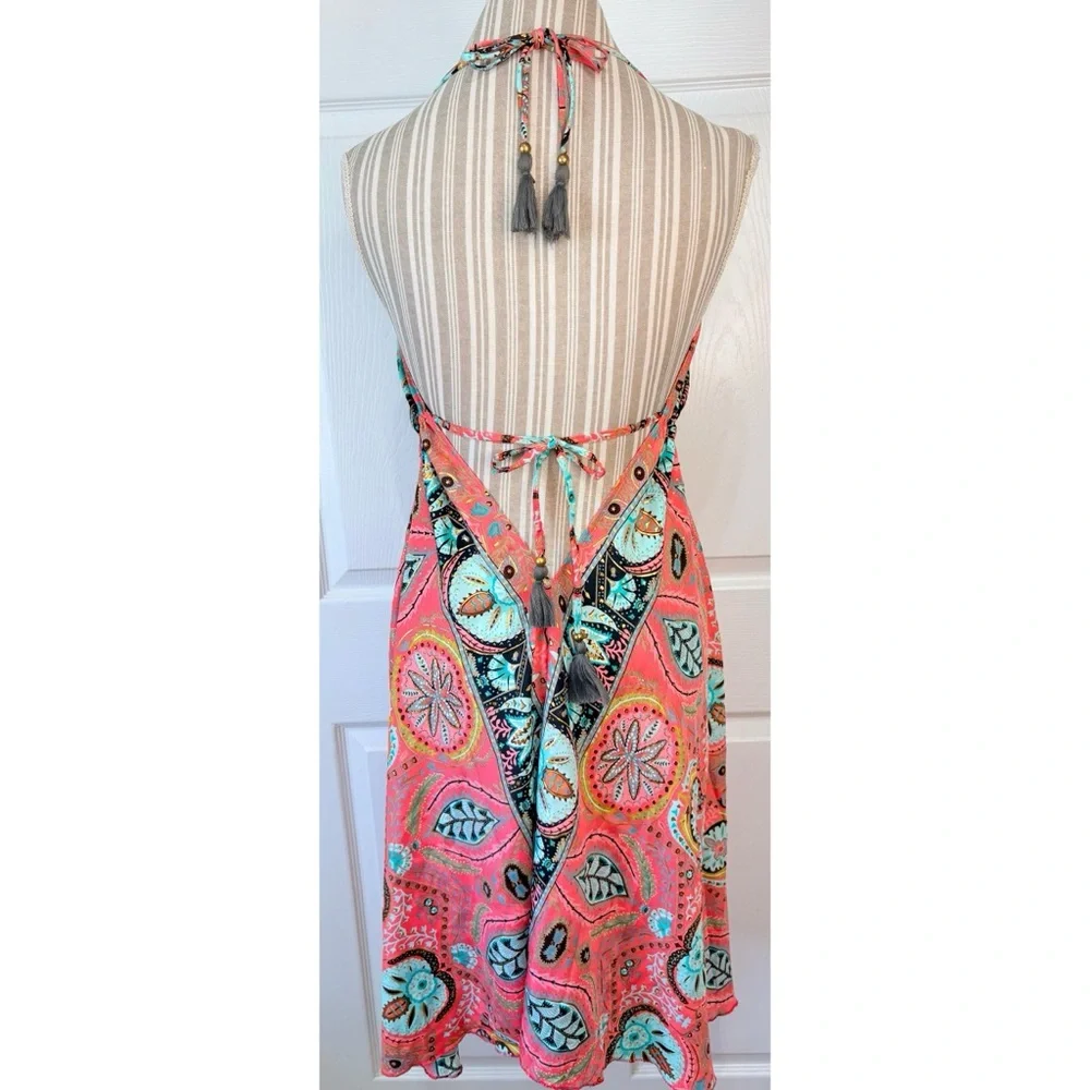Silk Boho India Floral Gold Metallic Swimsuit Cover Up Medium - Picture 6 of 9